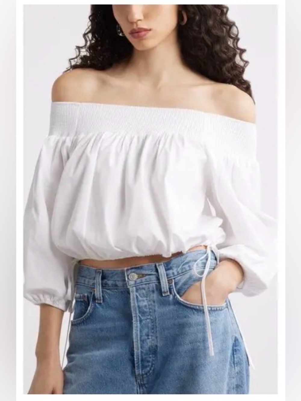 NWOT NORDSTROM 
Crop Drawstring Hem Boxy Fit Poplin Off-The-Shoulder Top Small